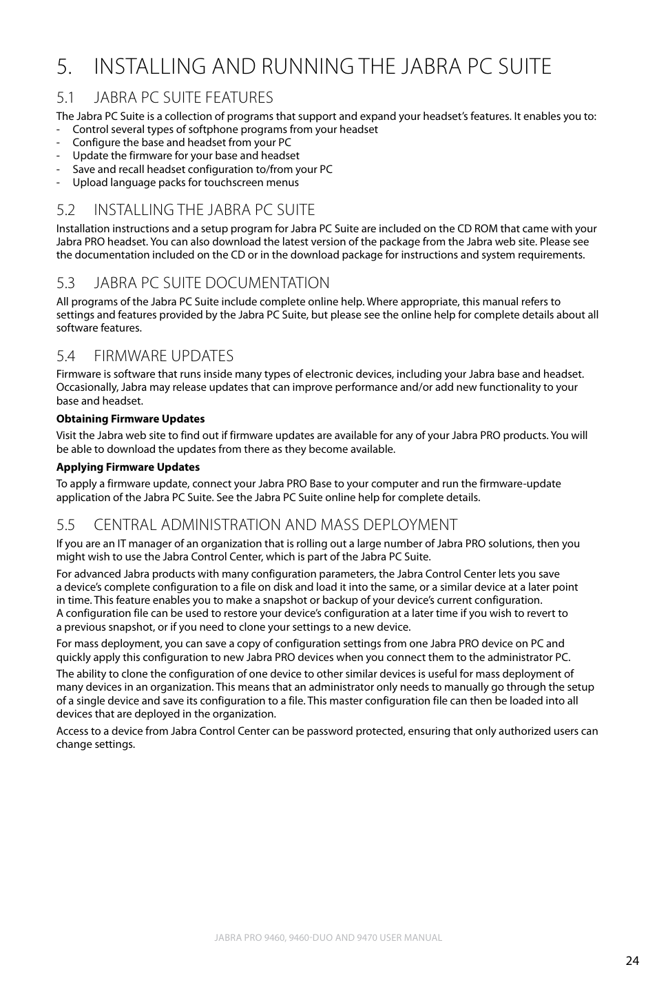 Installing and running the jabra pc suite, 1 jabra pc suite features, 2 installing the jabra pc suite | 3 jabra pc suite documentation, 4 firmware updates, 5 central administration and mass deployment, Installing and running the jabra pc suite 5, English, Jabra pc suite features 5.1, Installing the jabra pc suite 5.2 | Lennox Hearth JABRA PRO 9470 User Manual | Page 24 / 67