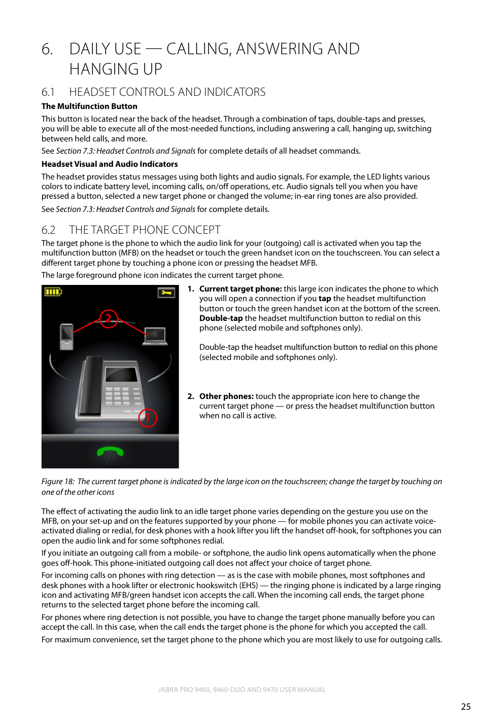Daily use — calling, answering and hanging up, 1 headset controls and indicators, 2 the target phone concept | Daily use — calling, answering and 6. hanging up, English, Headset controls and indicators 6.1, The target phone concept 6.2 | Lennox Hearth JABRA PRO 9470 User Manual | Page 25 / 67