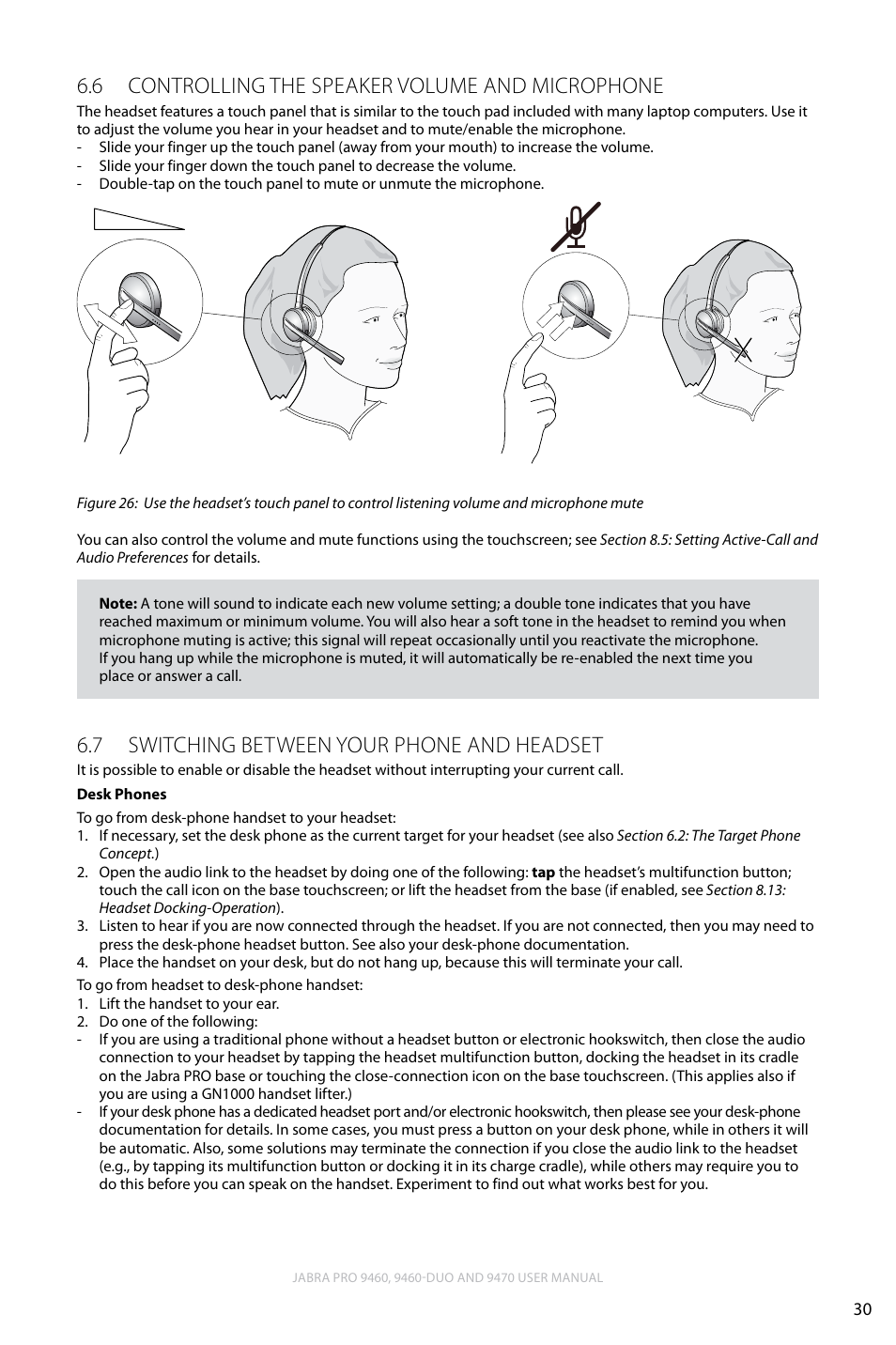6 controlling the speaker volume and microphone, 7 switching between your phone and headset, English | Controlling the speaker volume and microphone 6.6, Switching between your phone and headset 6.7 | Lennox Hearth JABRA PRO 9470 User Manual | Page 30 / 67