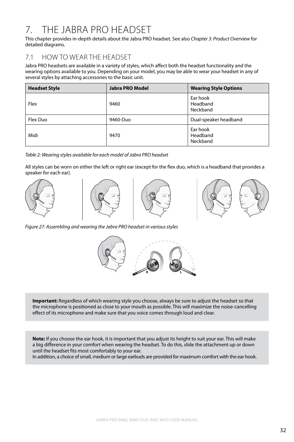 The jabra pro headset, 1 how to wear the headset, The jabra pro headset 7 | English, How to wear the headset 7.1 | Lennox Hearth JABRA PRO 9470 User Manual | Page 32 / 67