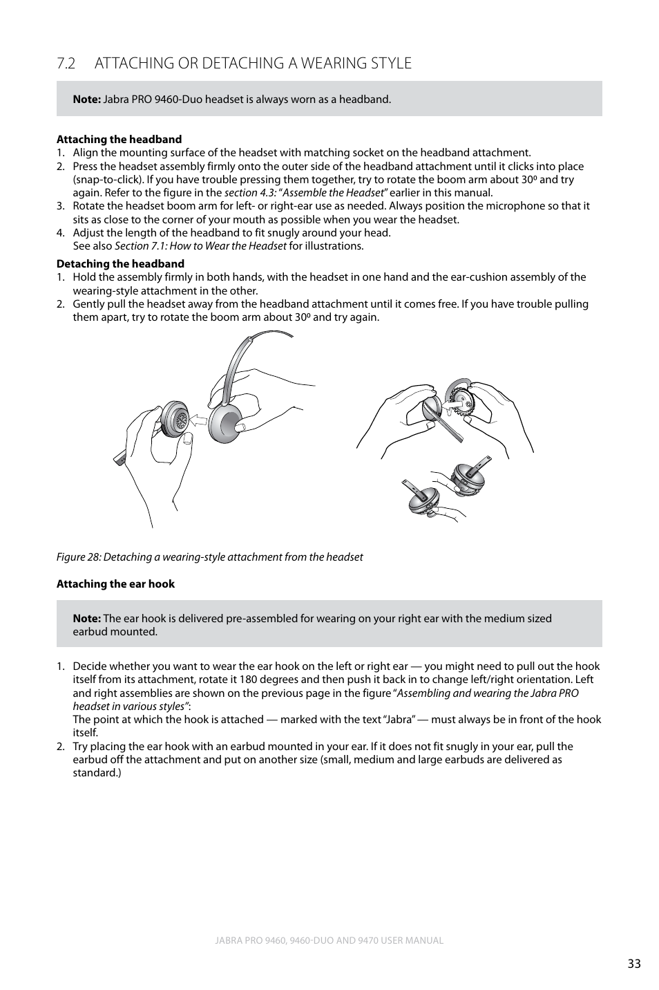 2 attaching or detaching a wearing style, English, Attaching or detaching a wearing style 7.2 | Lennox Hearth JABRA PRO 9470 User Manual | Page 33 / 67