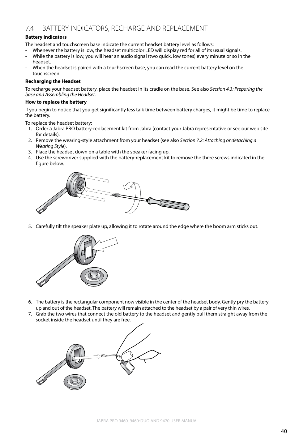 4 battery indicators, recharge and replacement, English, Battery indicators, recharge and replacement 7.4 | Lennox Hearth JABRA PRO 9470 User Manual | Page 40 / 67