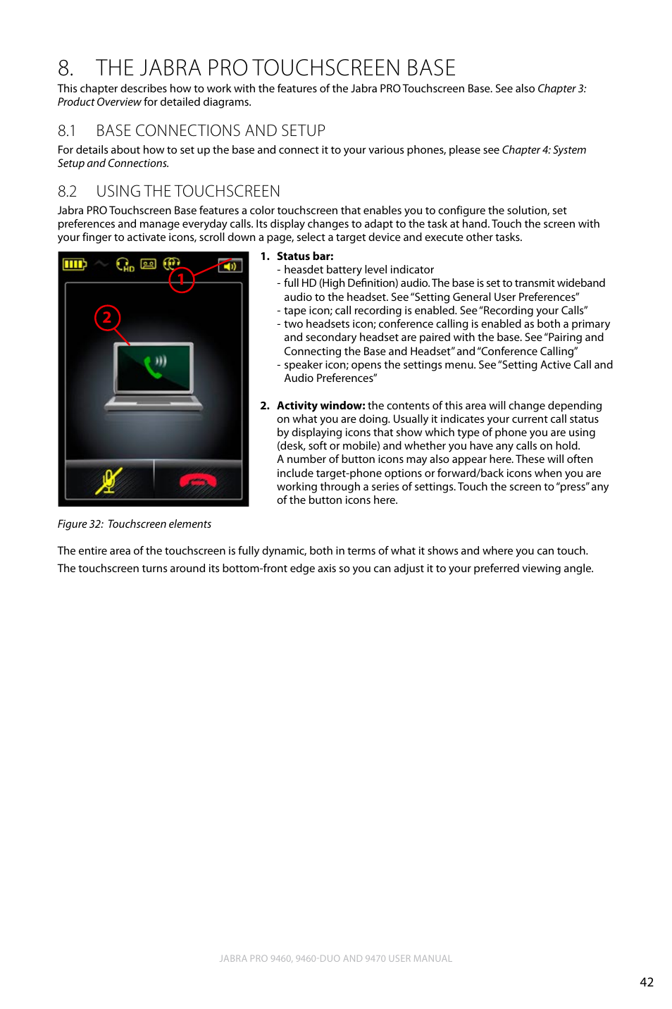 The jabra pro touchscreen base, 1 base connections and setup, 2 using the touchscreen | The jabra pro touchscreen base 8, English, Base connections and setup 8.1, Using the touchscreen 8.2 | Lennox Hearth JABRA PRO 9470 User Manual | Page 42 / 67