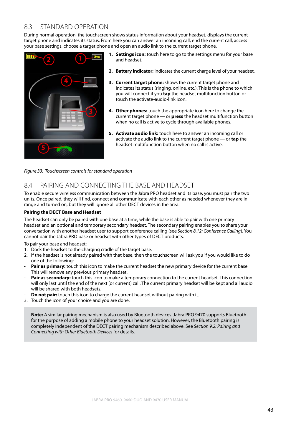 3 standard operation, 4 pairing and connecting the base and headset, English | Standard operation 8.3, Pairing and connecting the base and headset 8.4 | Lennox Hearth JABRA PRO 9470 User Manual | Page 43 / 67