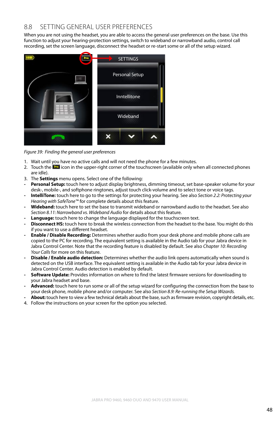 8 setting general user preferences, English, Setting general user preferences 8.8 | Lennox Hearth JABRA PRO 9470 User Manual | Page 48 / 67