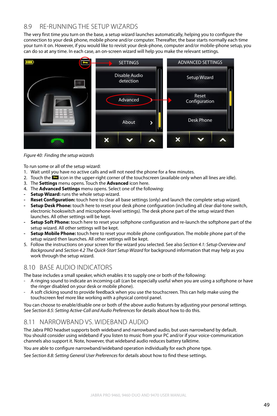 9 re-running the setup wizards, 10 base audio indicators, 11 narrowband vs. wideband audio | English, Re-running the setup wizards 8.9, Base audio indicators 8.10, Narrowband vs. wideband audio 8.11 | Lennox Hearth JABRA PRO 9470 User Manual | Page 49 / 67