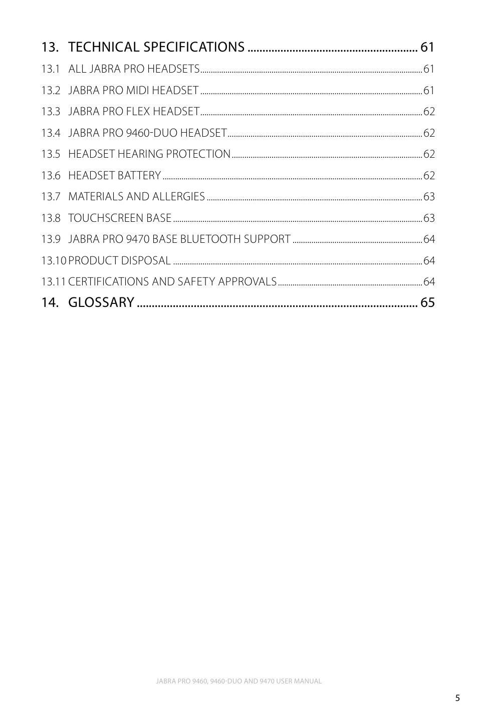 Technical specifications, Glossary | Lennox Hearth JABRA PRO 9470 User Manual | Page 5 / 67