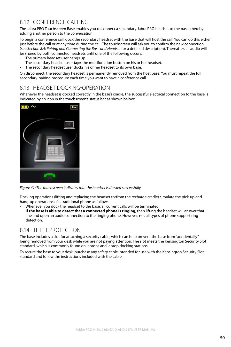 12 conference calling, 13 headset docking-operation, 14 theft protection | English, Conference calling 8.12, Headset docking-operation 8.13, Theft protection 8.14 | Lennox Hearth JABRA PRO 9470 User Manual | Page 50 / 67