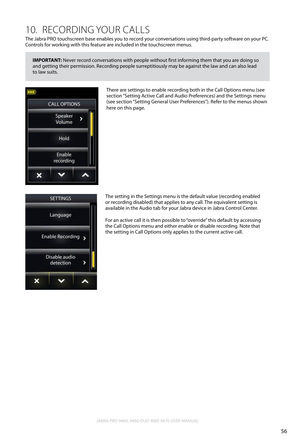 Recording your calls, Recording your calls 10, English | Lennox Hearth JABRA PRO 9470 User Manual | Page 56 / 67