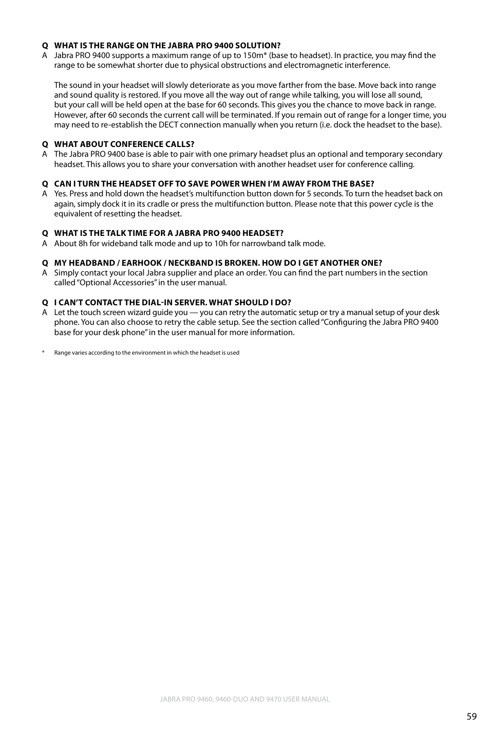English | Lennox Hearth JABRA PRO 9470 User Manual | Page 59 / 67