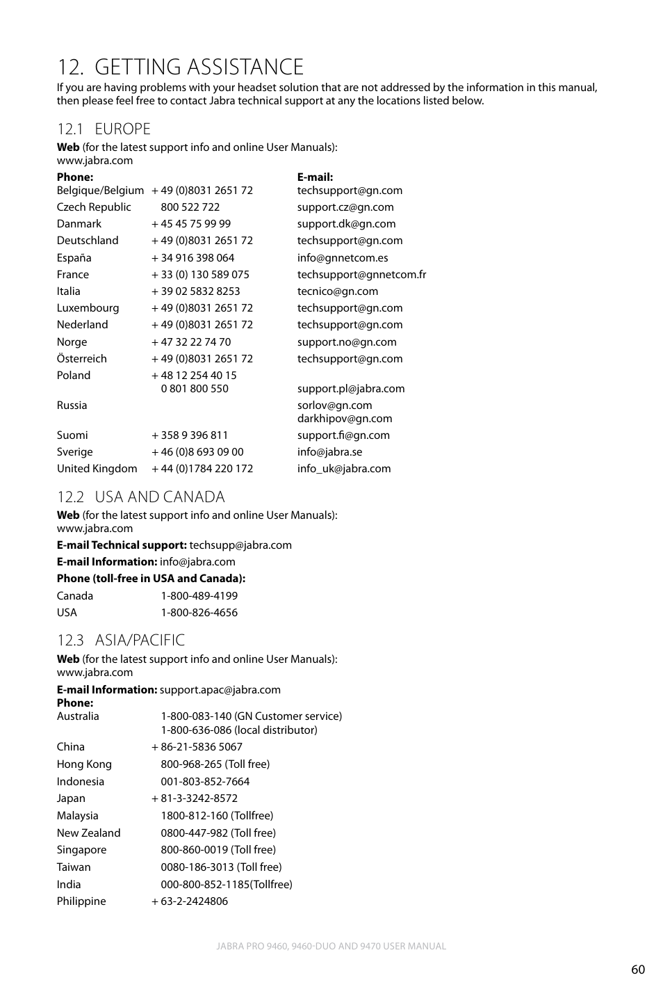 Getting assistance, 1 europe, 2 usa and canada | 3 asia/pacific, Getting assistance 12, English, Europe 12.1, Usa and canada 12.2, Asia/pacific 12.3 | Lennox Hearth JABRA PRO 9470 User Manual | Page 60 / 67