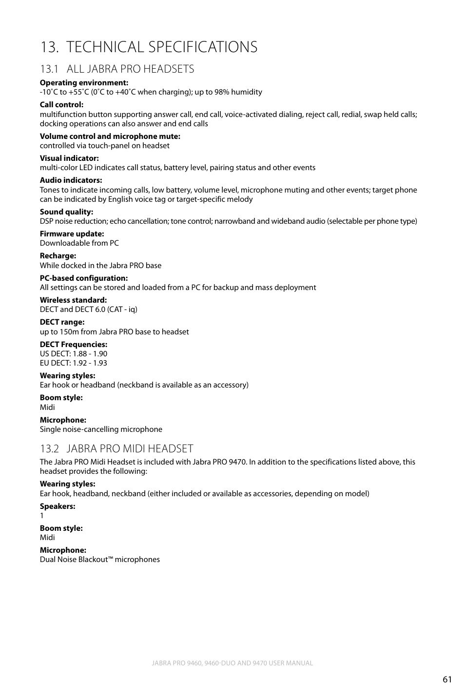 Technical specifications, 1 all jabra pro headsets, 2 jabra pro midi headset | Technical specifications 13, English, All jabra pro headsets 13.1, Jabra pro midi headset 13.2 | Lennox Hearth JABRA PRO 9470 User Manual | Page 61 / 67