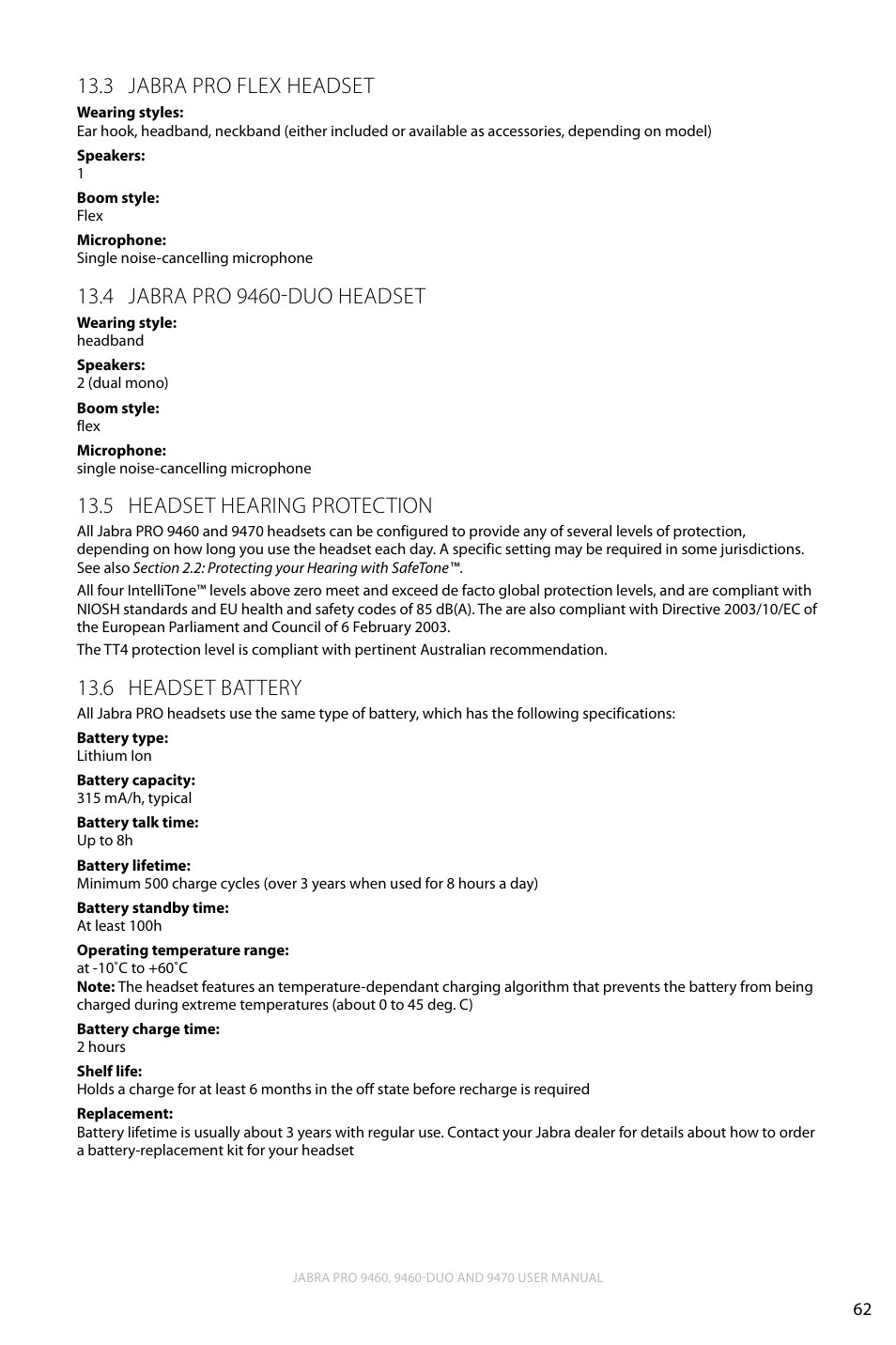 3 jabra pro flex headset, 4 jabra pro 9460-duo headset, 5 headset hearing protection | 6 headset battery, English, Jabra pro flex headset 13.3, Headset hearing protection 13.5, Headset battery 13.6 | Lennox Hearth JABRA PRO 9470 User Manual | Page 62 / 67