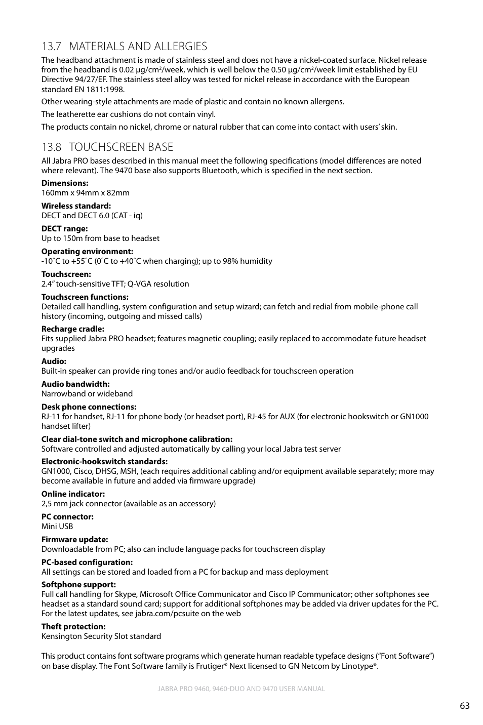 7 materials and allergies, 8 touchscreen base, English | Materials and allergies 13.7, Touchscreen base 13.8 | Lennox Hearth JABRA PRO 9470 User Manual | Page 63 / 67