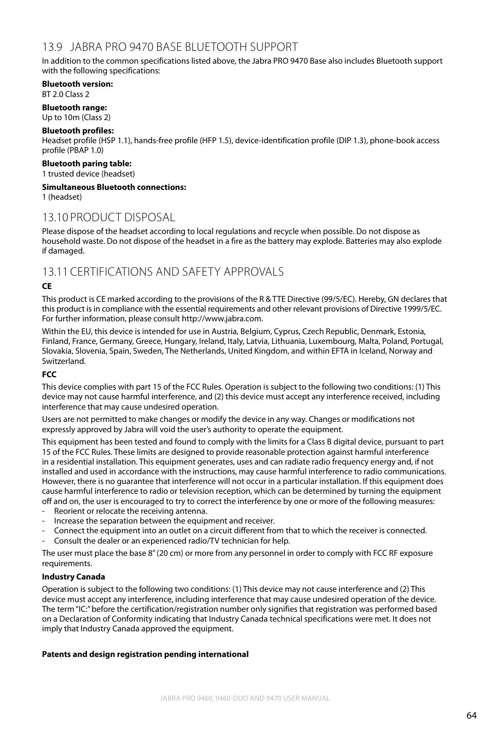 9 jabra pro 9470 base bluetooth support, 10 product disposal, 11 certifications and safety approvals | English, Product disposal 13.10, Certifications and safety approvals 13.11 | Lennox Hearth JABRA PRO 9470 User Manual | Page 64 / 67