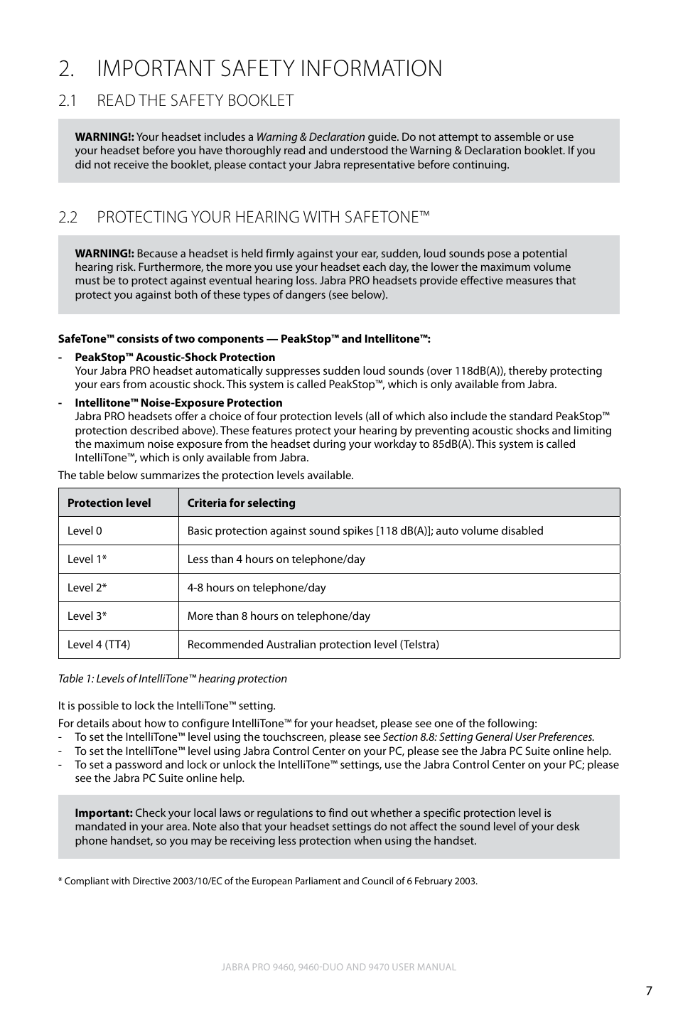 Important safety information, 1 read the safety booklet, 2 protecting your hearing with safetone | Important safety information 2, English, Read the safety booklet 2.1, Protecting your hearing with safetone™ 2.2 | Lennox Hearth JABRA PRO 9470 User Manual | Page 7 / 67