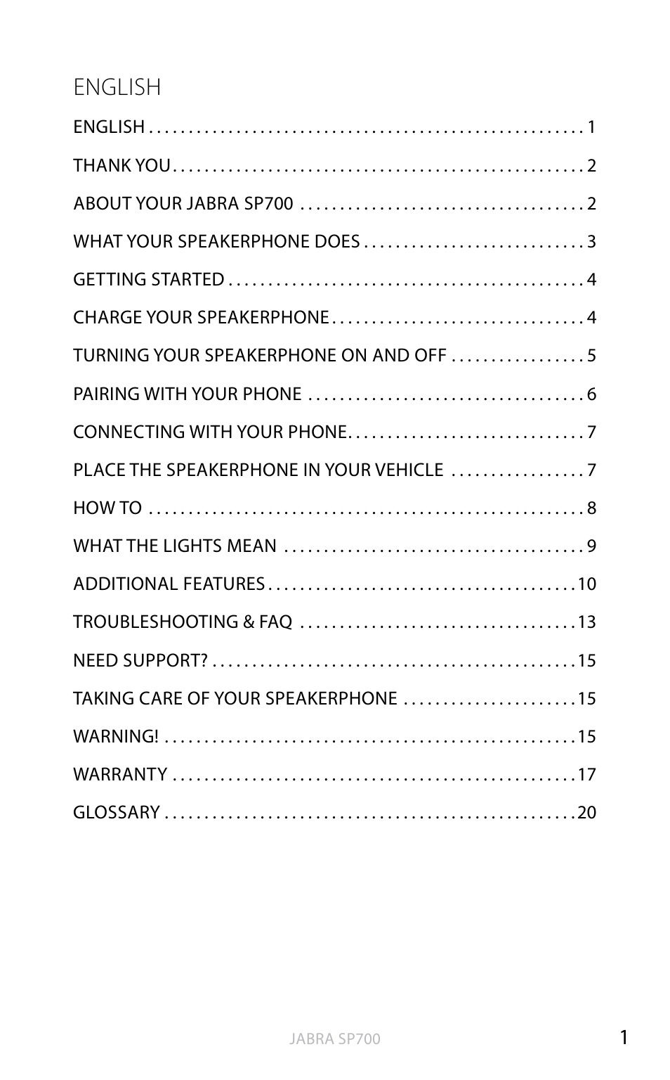 English | Jabra SP700 User Manual | Page 2 / 22