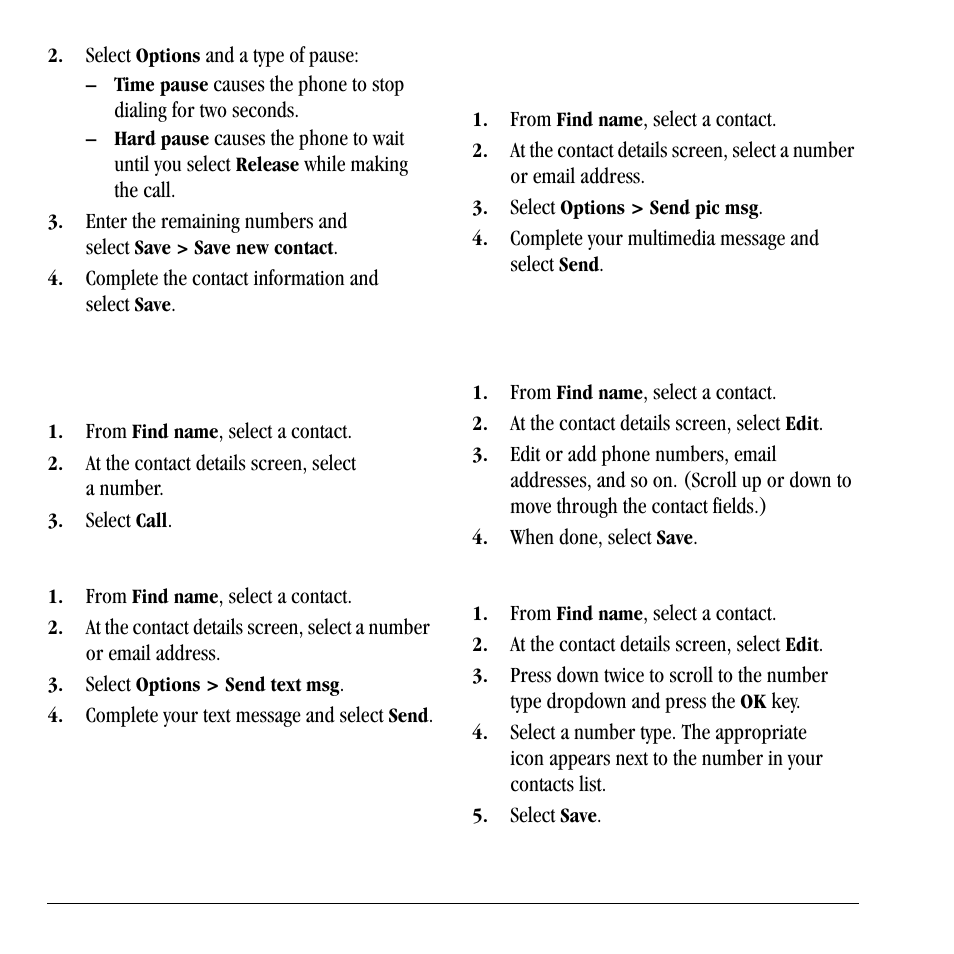 Use contacts, Customize contacts, Use contacts customize contacts | Call contacts, Send a text message to contacts, Send a multimedia message to contacts, Edit contact details, Assign number types | Lennox Hearth X-TC User Manual | Page 36 / 88