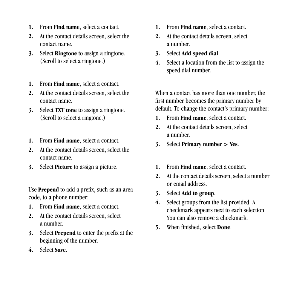 Assign ringtones to contacts, Assign message tones to contacts, Assign pictures to contacts | Add a prefix to phone numbers, Assign speed dials to contacts, Change primary numbers, Add contacts to groups | Lennox Hearth X-TC User Manual | Page 37 / 88