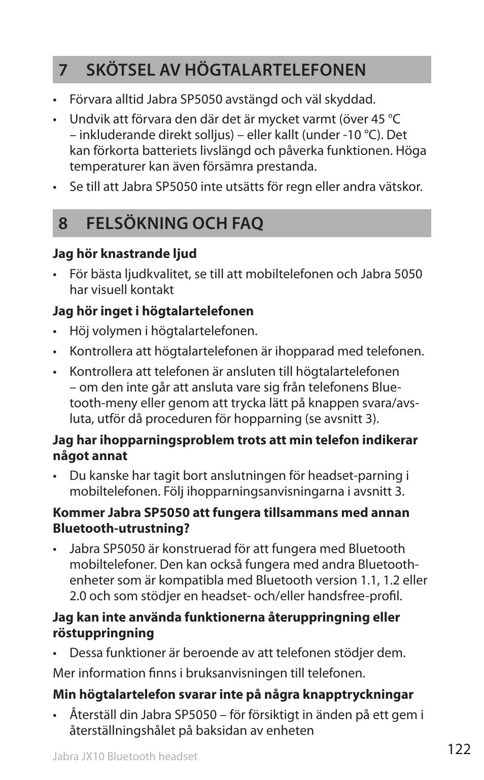 7 skötsel av högtalartelefonen, 8 felsökning och faq | Lennox Hearth SP5050 User Manual | Page 124 / 221