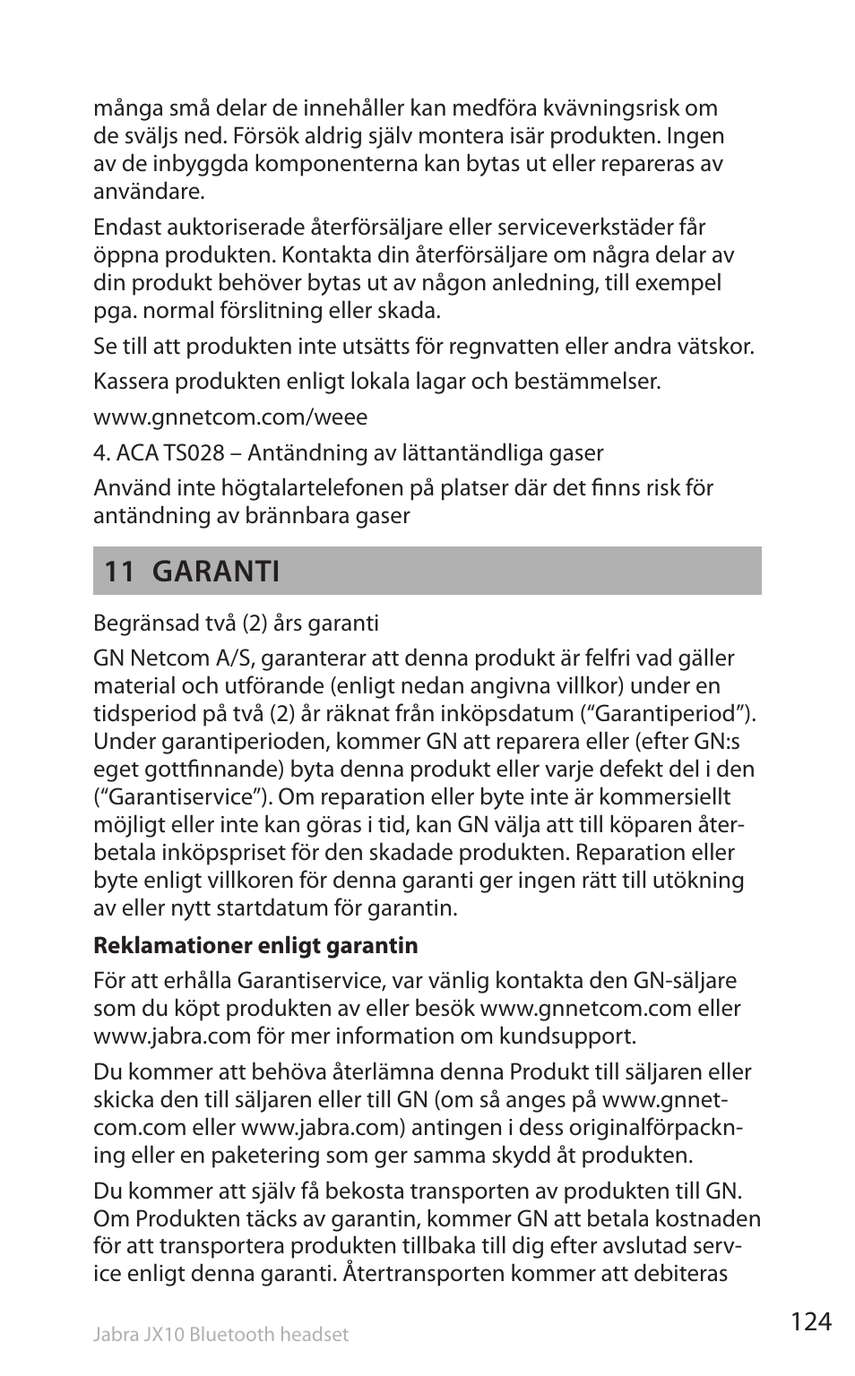 11 garanti | Lennox Hearth SP5050 User Manual | Page 126 / 221