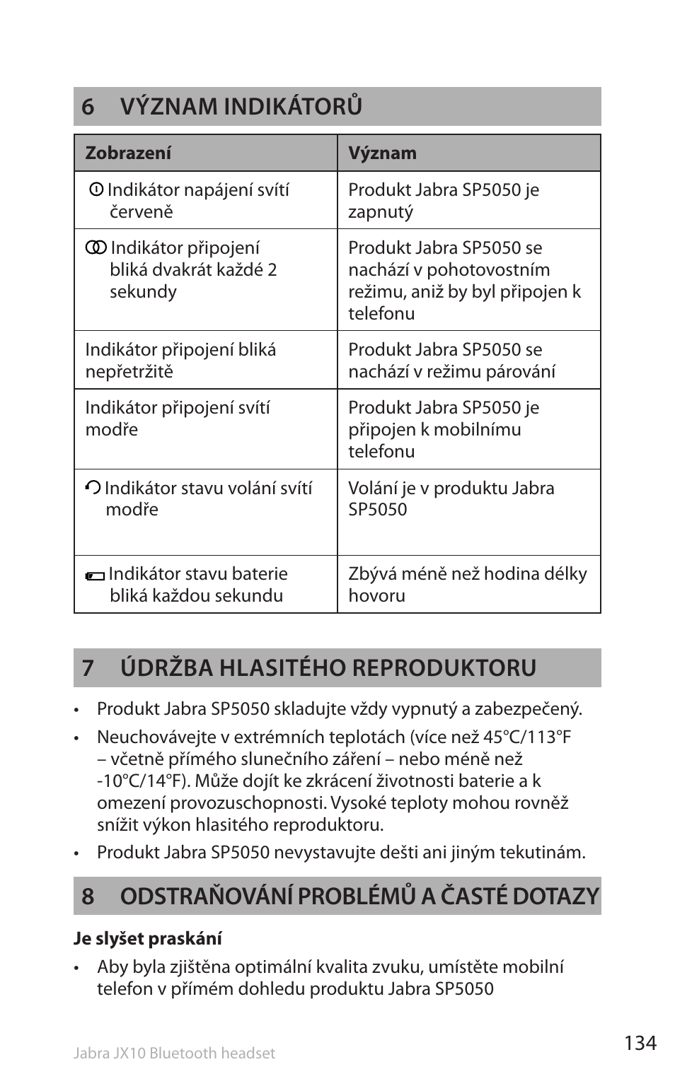 6 význam indikátorů, 7 údržba hlasitého reproduktoru, 8 odstraňování problémů a časté dotazy | Lennox Hearth SP5050 User Manual | Page 136 / 221