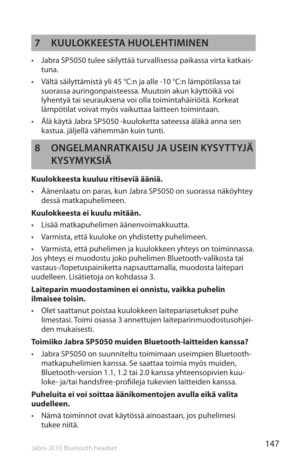 7 kuulokkeesta huolehtiminen, 8 ongelmanratkaisu ja usein kysyttyjä kysymyksiä | Lennox Hearth SP5050 User Manual | Page 149 / 221