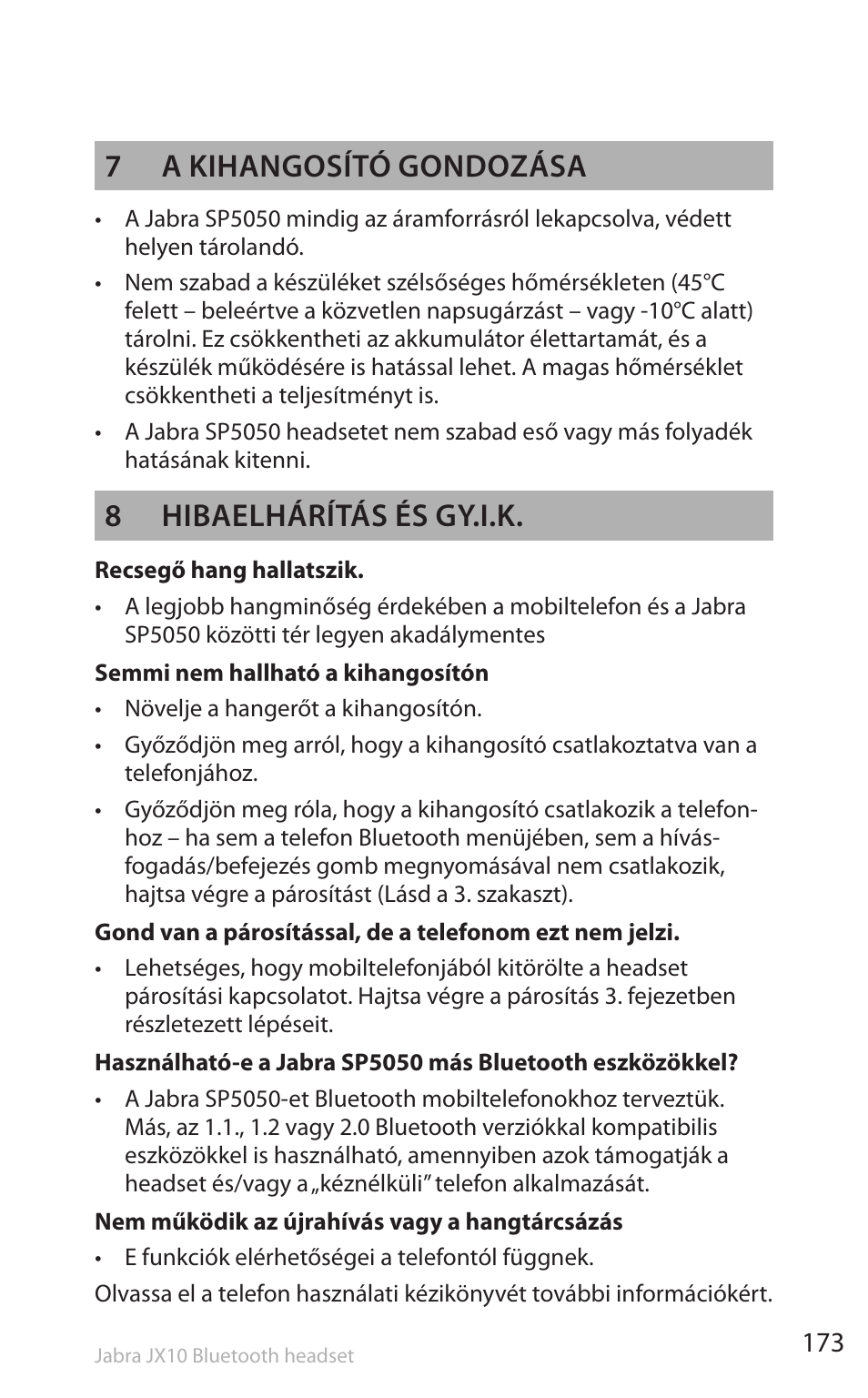 7 a kihangosító gondozása, 8 hibaelhárítás és gy.i.k | Lennox Hearth SP5050 User Manual | Page 175 / 221