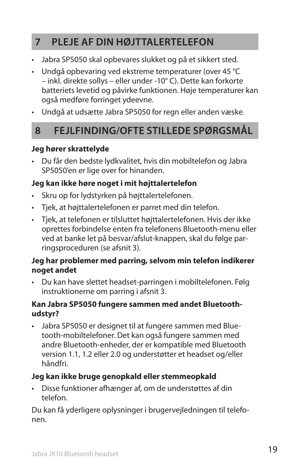 7 pleje af din højttalertelefon, 8 fejlfinding/ofte stillede spørgsmål | Lennox Hearth SP5050 User Manual | Page 21 / 221