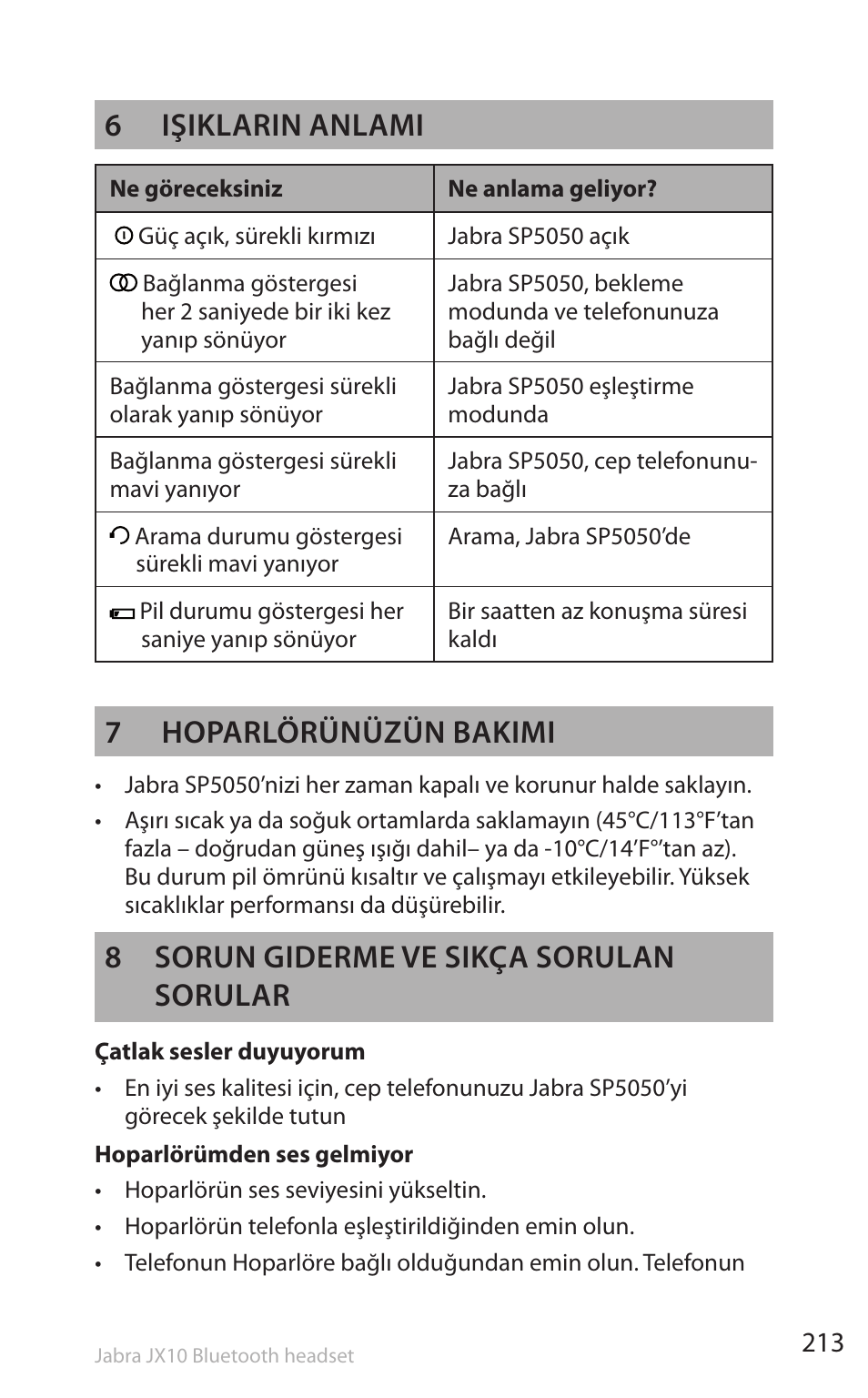 6 işiklarin anlami, 7 hoparlörünüzün bakimi, 8 sorun giderme ve sikça sorulan sorular | Lennox Hearth SP5050 User Manual | Page 215 / 221