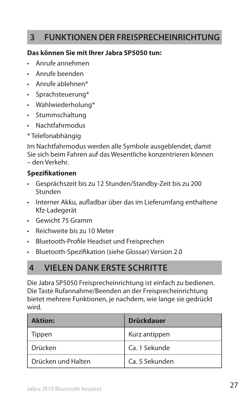 3 funktionen der freisprecheinrichtung, 4 vielen dank erste schritte | Lennox Hearth SP5050 User Manual | Page 29 / 221