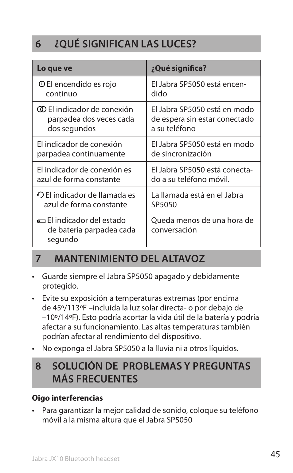 6 ¿qué significan las luces, 7 mantenimiento del altavoz, 8 solución de problemas y preguntas más frecuentes | Lennox Hearth SP5050 User Manual | Page 47 / 221