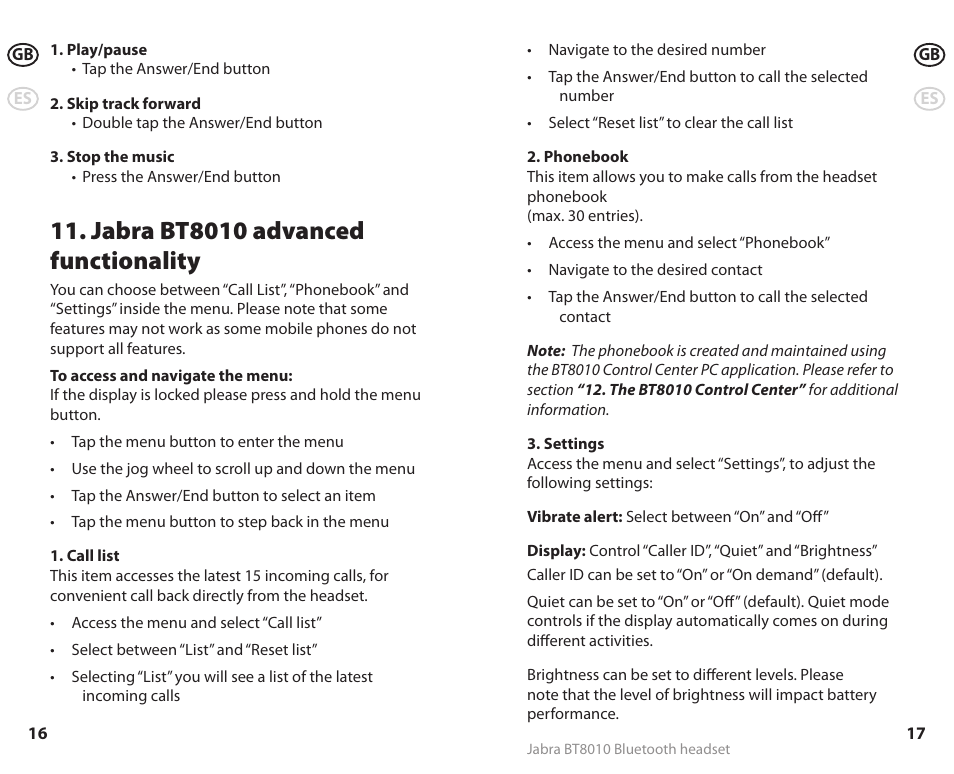 Jabra bt8010 advanced functionality | Lennox Hearth BT8010 User Manual | Page 11 / 31