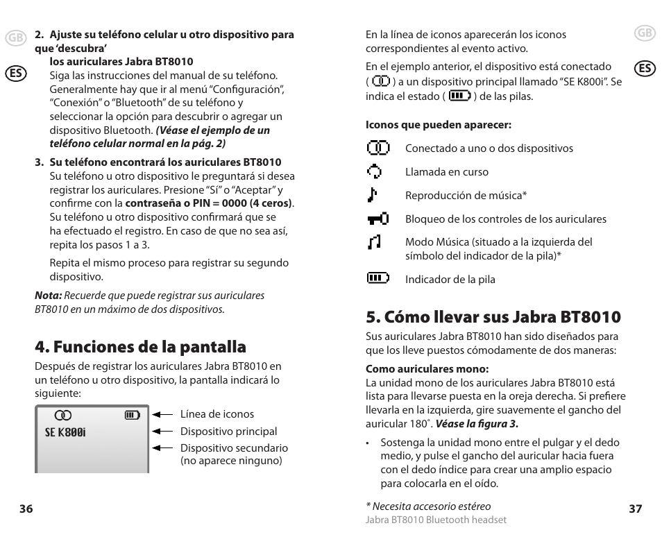 Funciones de la pantalla, Cómo llevar sus jabra bt8010 | Lennox Hearth BT8010 User Manual | Page 21 / 31