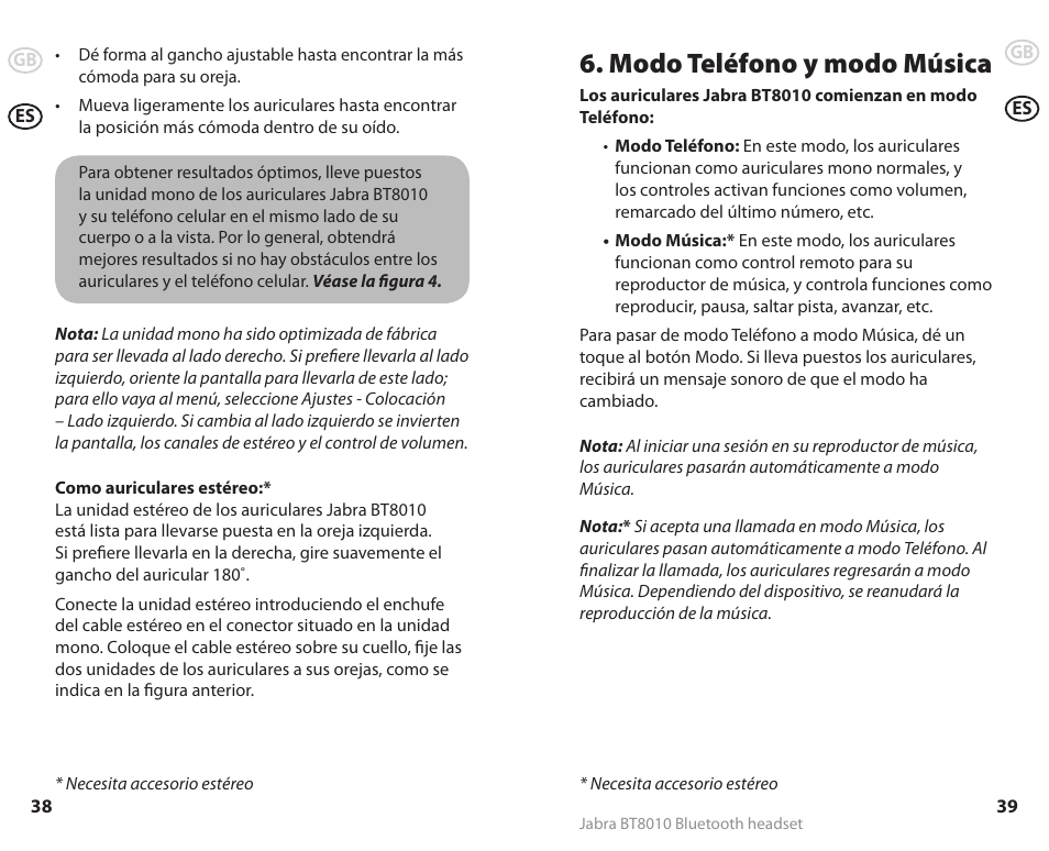 Modo teléfono y modo música | Lennox Hearth BT8010 User Manual | Page 22 / 31