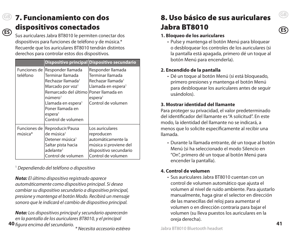 Funcionamiento con dos dispositivos conectados, Uso básico de sus auriculares jabra bt8010 | Lennox Hearth BT8010 User Manual | Page 23 / 31