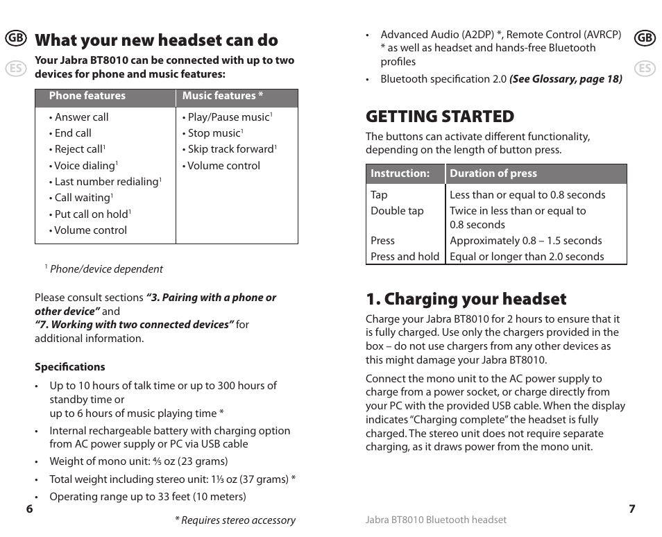 Getting started, Charging your headset, What your new headset can do | Lennox Hearth BT8010 User Manual | Page 6 / 31