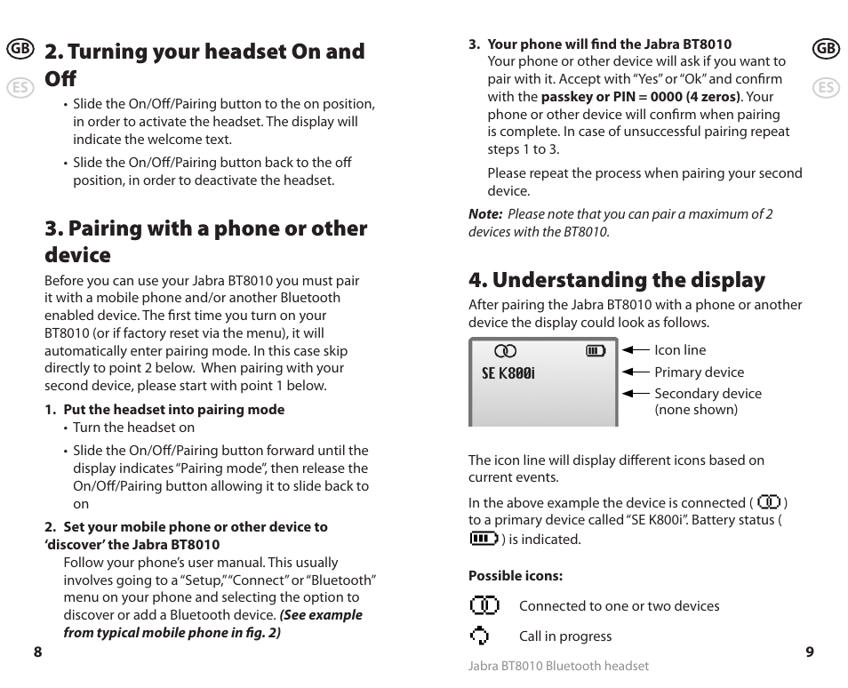 Turning your headset on and off, Pairing with a phone or other device, Understanding the display | Lennox Hearth BT8010 User Manual | Page 7 / 31