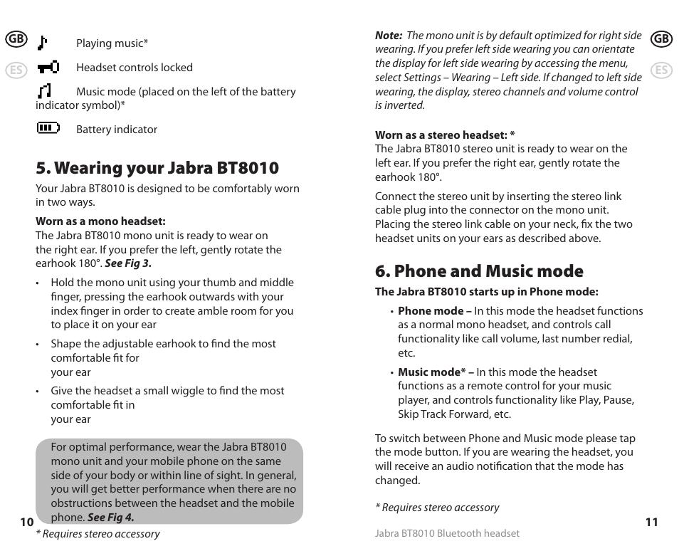 Wearing your jabra bt8010, Phone and music mode | Lennox Hearth BT8010 User Manual | Page 8 / 31