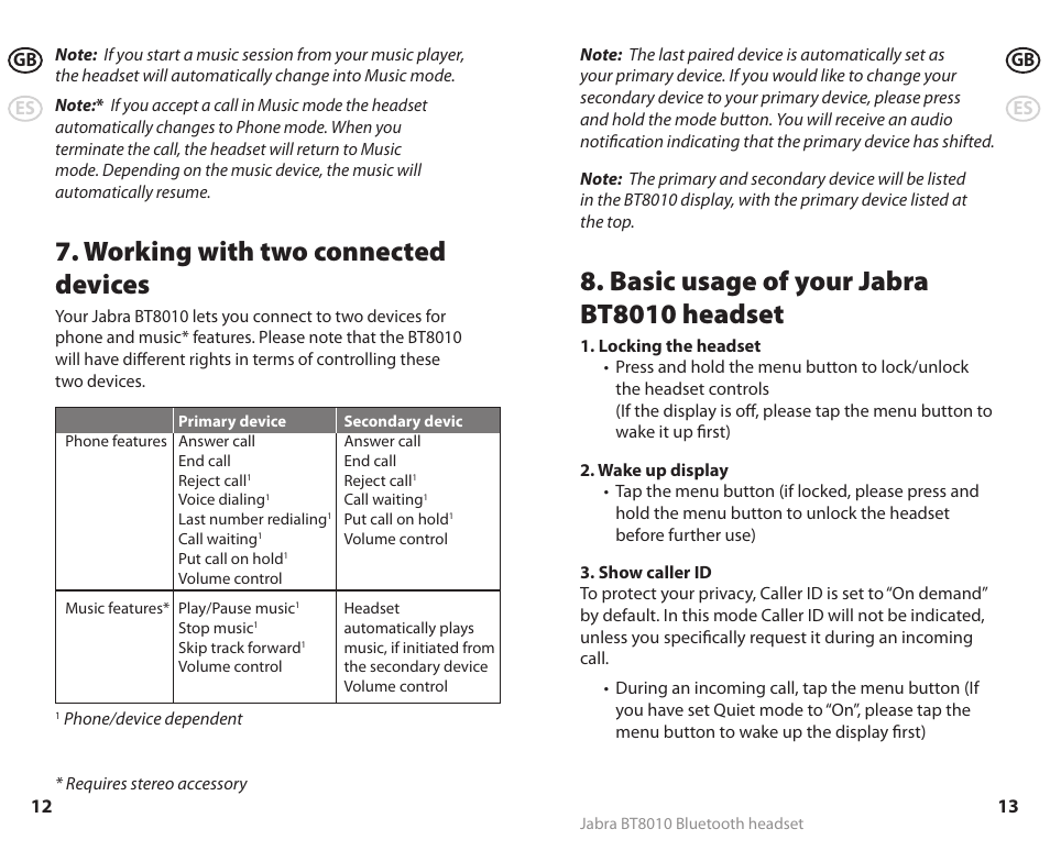 Working with two connected devices, Basic usage of your jabra bt8010 headset | Lennox Hearth BT8010 User Manual | Page 9 / 31