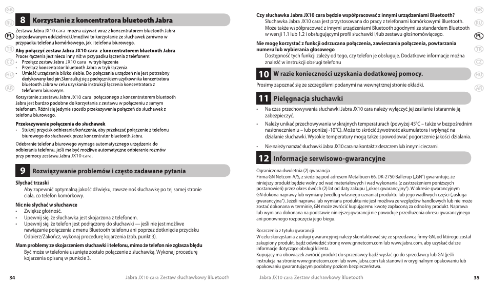 Pielęgnacja słuchawki, Informacje serwisowo-gwarancyjne | Lennox Hearth JX10 CARA User Manual | Page 20 / 45