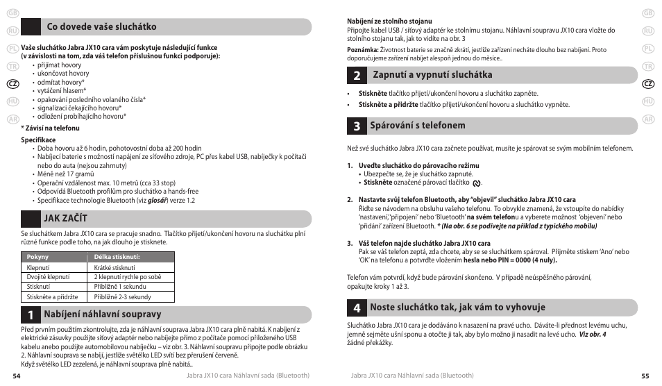 Zapnutí a vypnutí sluchátka, Spárování s telefonem, Noste sluchátko tak, jak vám to vyhovuje | Co dovede vaše sluchátko, Jak začít, Nabíjení náhlavní soupravy | Lennox Hearth JX10 CARA User Manual | Page 30 / 45