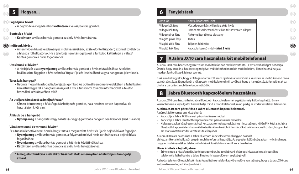 Hogyan, Fényjelzések, A jabra jx10 cara használata két mobiltelefonnal | Jabra bluetooth kapcsolóelem használata | Lennox Hearth JX10 CARA User Manual | Page 37 / 45