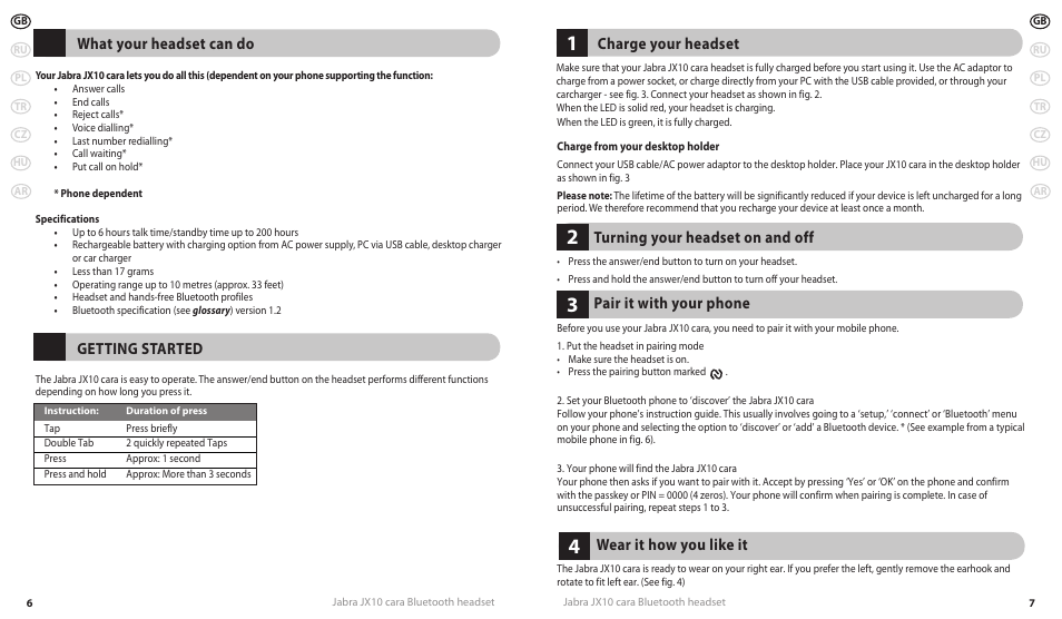 What your headset can do, Getting started, Turning your headset on and off | Pair it with your phone, Wear it how you like it, Charge your headset | Lennox Hearth JX10 CARA User Manual | Page 6 / 45