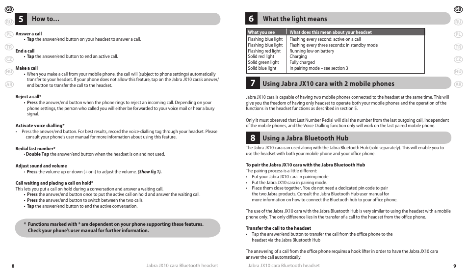 How to, What the light means, Using jabra jx10 cara with 2 mobile phones | Using a jabra bluetooth hub | Lennox Hearth JX10 CARA User Manual | Page 7 / 45