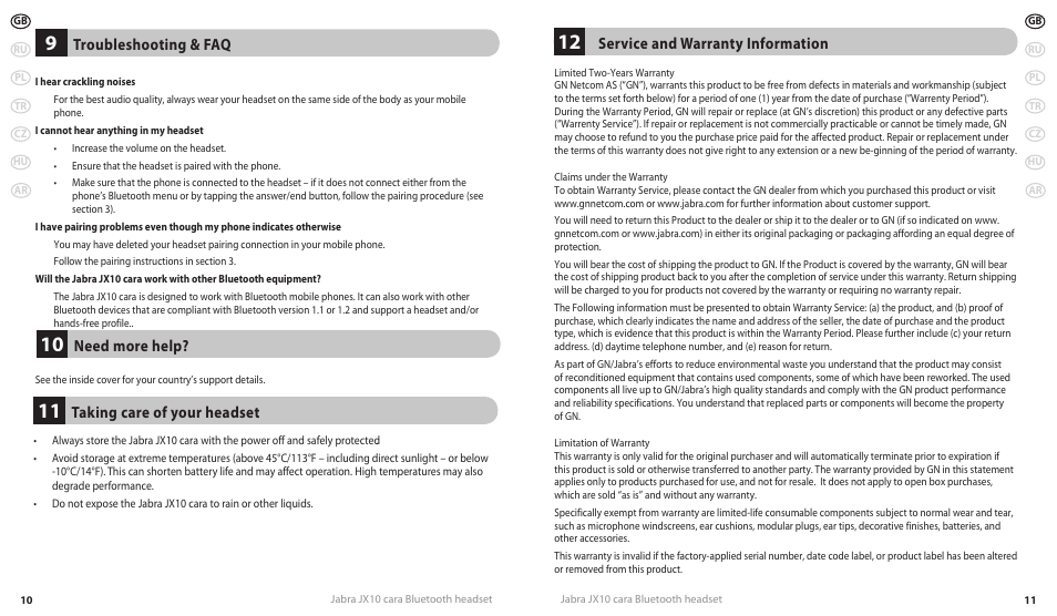 Troubleshooting & faq, Need more help, Taking care of your headset | Service and warranty information | Lennox Hearth JX10 CARA User Manual | Page 8 / 45