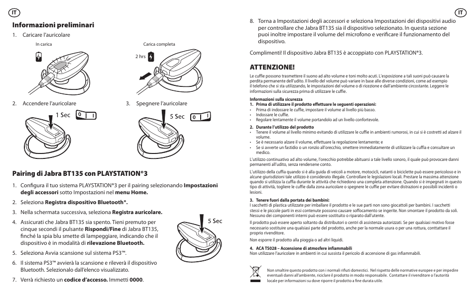 Attenzione, Informazioni preliminari, Pairing di jabra bt135 con playstation®3 | Lennox Hearth BT135 User Manual | Page 11 / 21