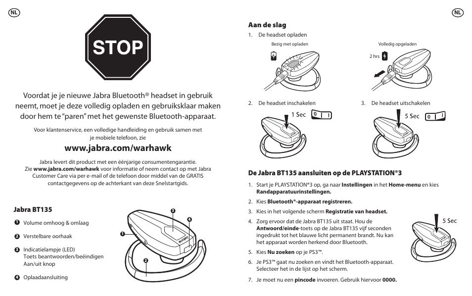 Aan de slag, De jabra bt135 aansluiten op de playstation®3, Jabra bt135 | Lennox Hearth BT135 User Manual | Page 12 / 21