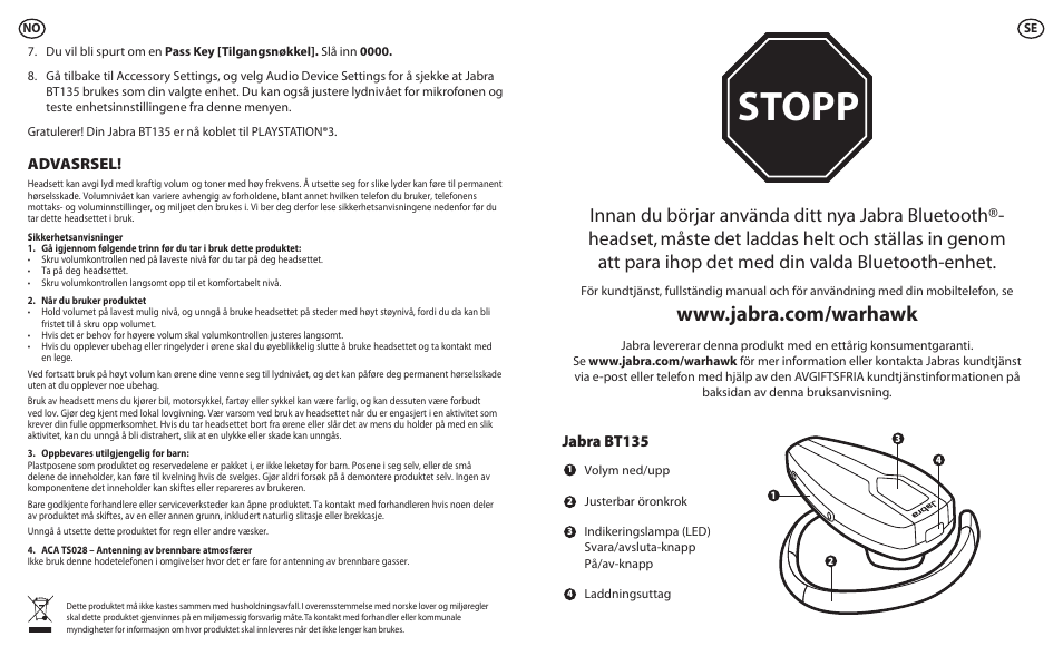Stopp, Advasrsel, Jabra bt135 | Lennox Hearth BT135 User Manual | Page 16 / 21