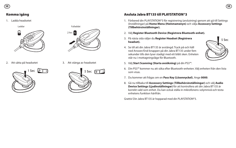 Komma igång, Ansluta jabra bt135 till playstation®3 | Lennox Hearth BT135 User Manual | Page 17 / 21